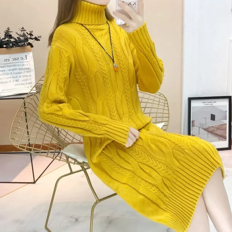 2025 Turtleneck Women Sweater Dress Winter Warm Female Jumper Thick Sweaters Solid Ribbed Long Knitted Pullover Pull Hiver Femme