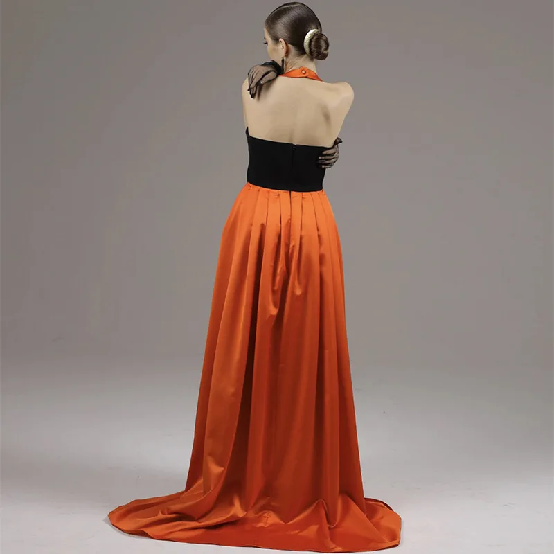 Sexy Orange Black Evening Celebrity Dress Halter Backless Mermaid Long Satin Formal Prom Party Gowns Robe De Soriee