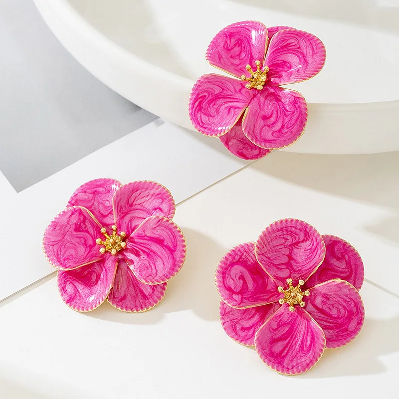 

3PCS Metal Flower Pink Oil Dripping Earrings for Women Personality Fashion Stud Earrings Ring Travel Wedding Accessories Gifts
