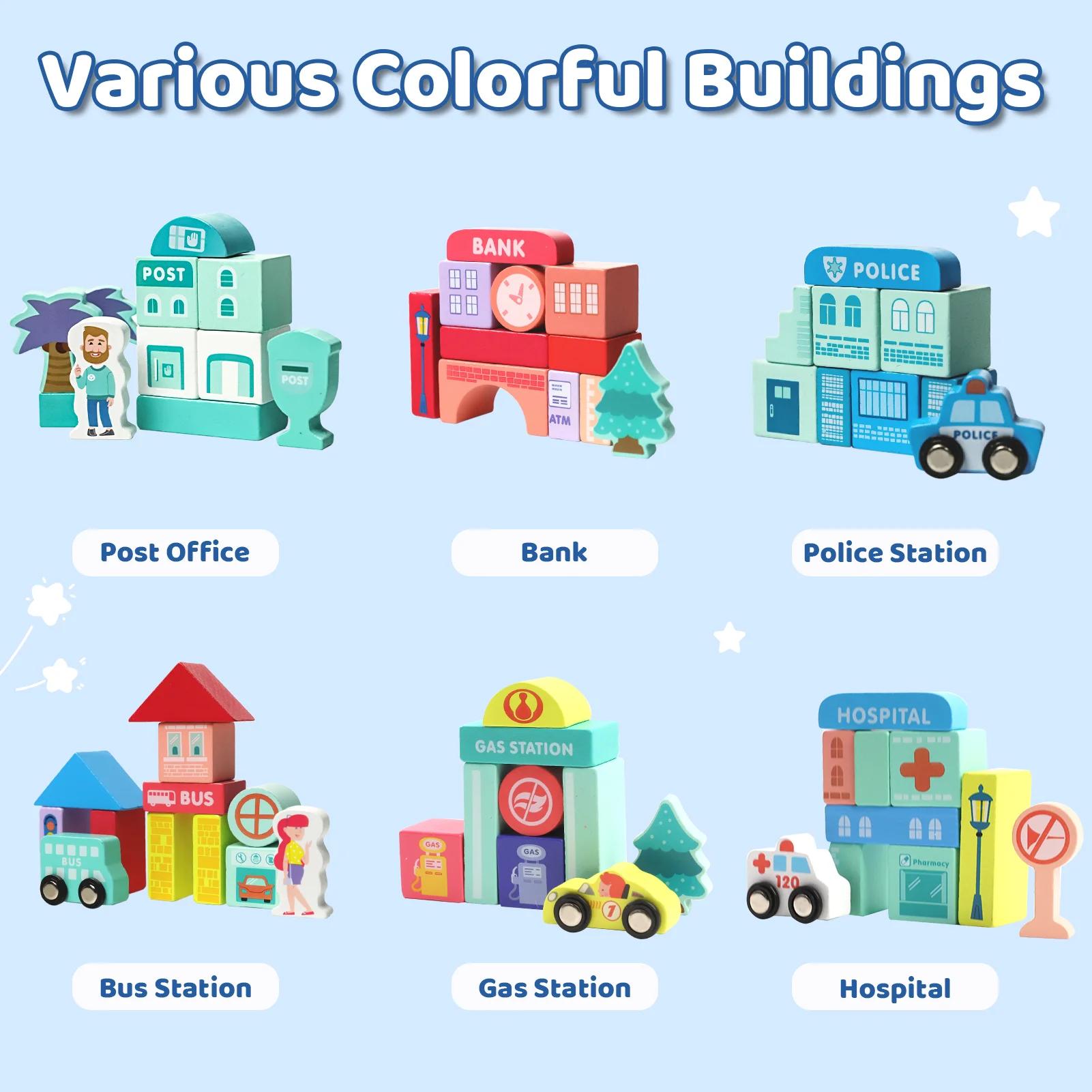 木製の街並み組み立てブロックセット。数字、文字、交通機関のフ - Educational Toys のレビューと価格