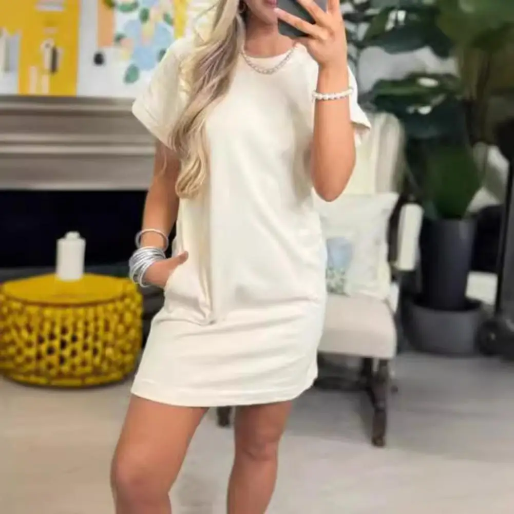 Damska luźna sukienka T-shirt z krótkim rękawem i okrągłym dekoltem, plażowa, obszerna, jednolita sukienka letnia z kieszeniami, mini.