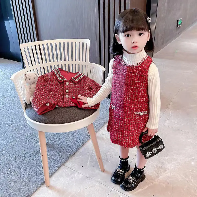 2023 Spring Girls Fashion Plaid 2pcs Suit Baby Kids Children Clothing Set Including Coat+ Skirt