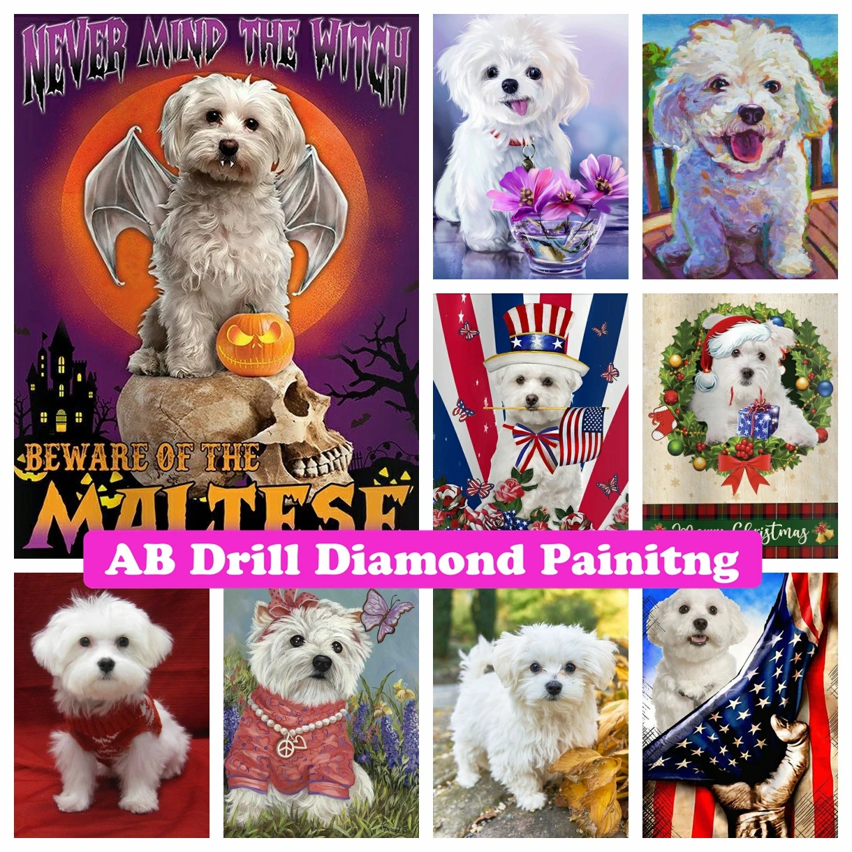 Maltese Dog 5D DIY AB Drills Diamond Painting Mosaic Pet Animal Cross Stitch Embroidery Handmade Rhinestones Home Decor Gifts