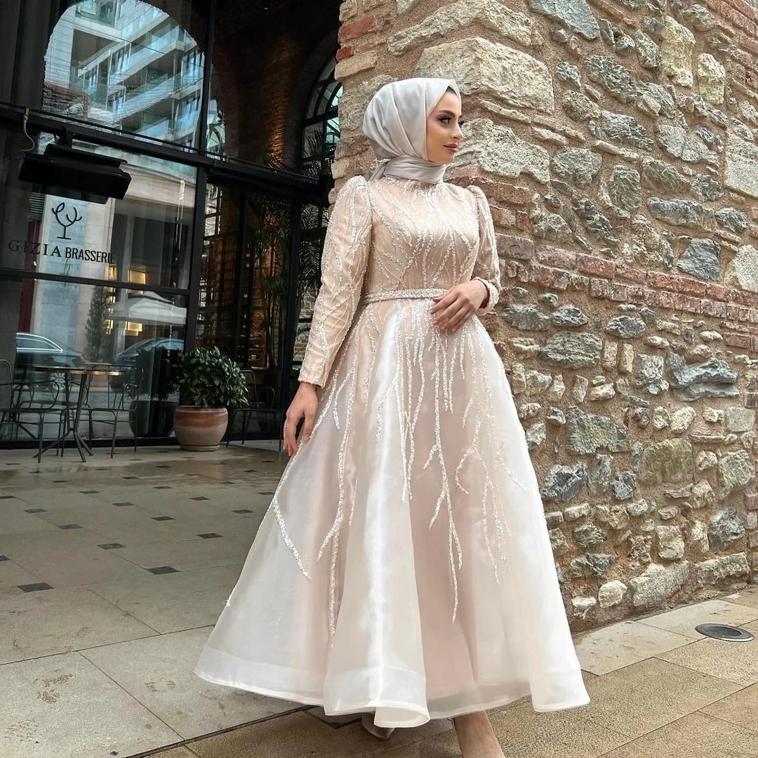 

Elegant Muslim Women Evening Dresses Chic A-Line High Neck Draped Lace Gowns Formal Occasion Long Sleeve Prom Dress Vestidos