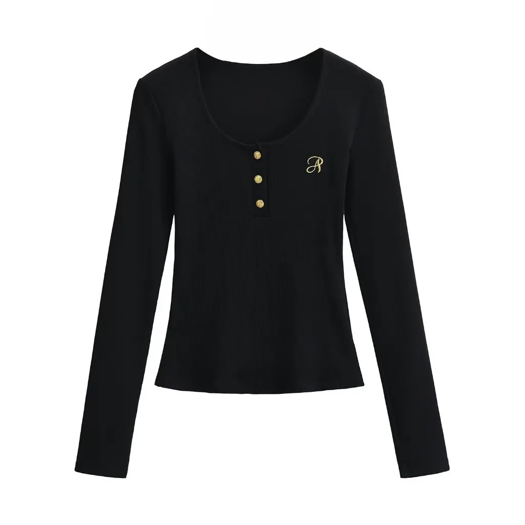 

Женская приталенная футболка с длинными рукавами и v-образным вырезом спереди, вышитая нижняя рубашка, утягивающая внутренняя одежда на весну