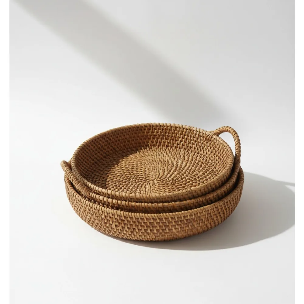 

Natural Rattan Storage Basket Set of 2, Hand Woven Fruit & Bread Basket with Handles for Home Organizing