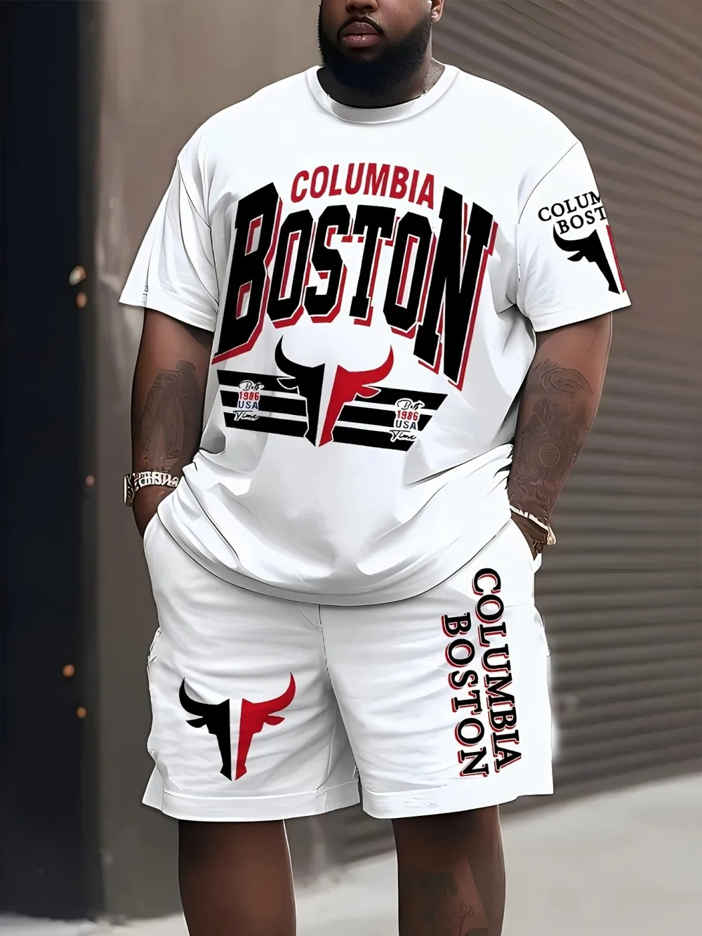 

Men's summer new casual and comfortable round neck T-shirt shorts set modern cow head pattern printed outdoor two piece set