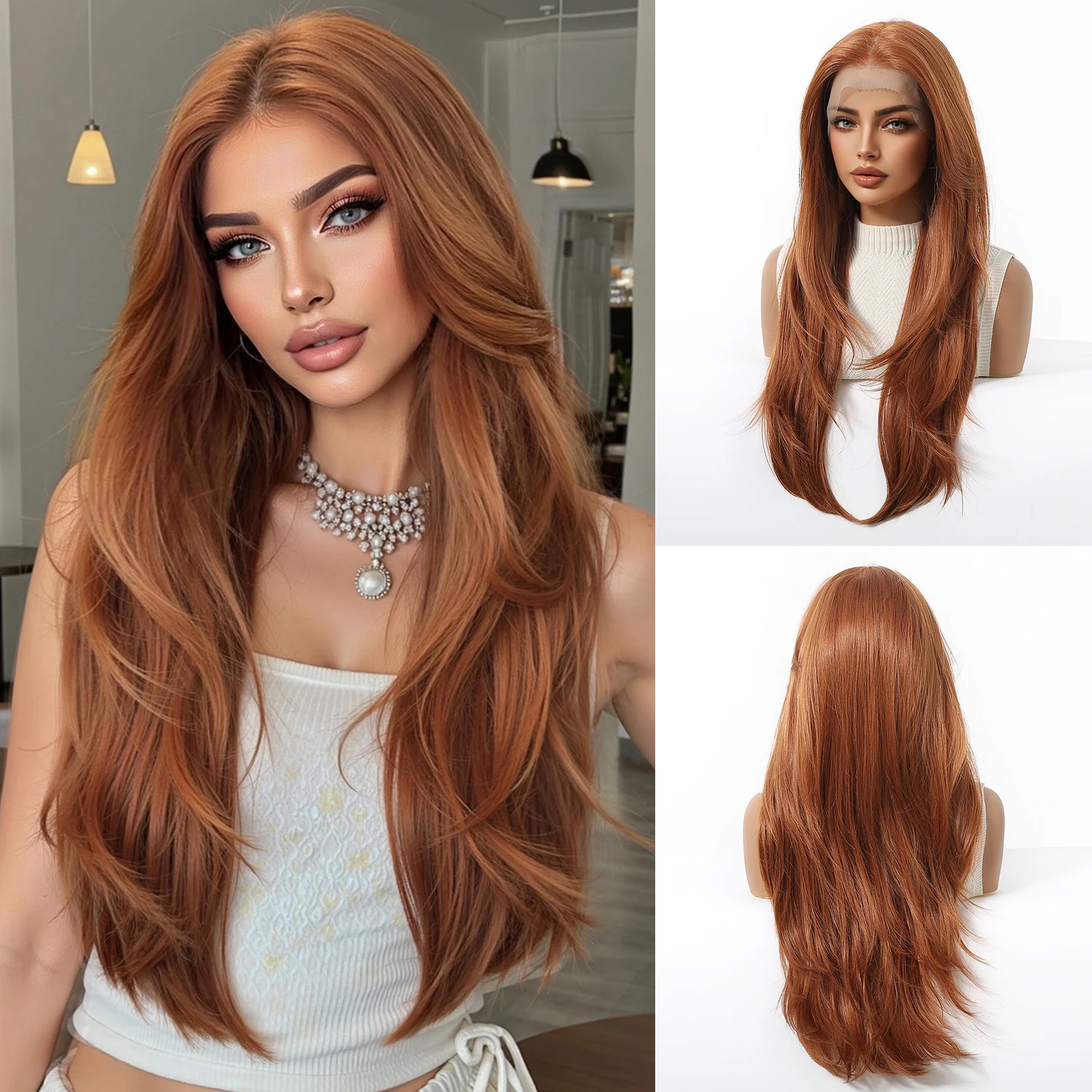 Topshe Realistic 13x6 HD Lace Front Wig Hand-Tied Pre-Plucked Undetectable Glueless Copper Synthetic Wigs for Women