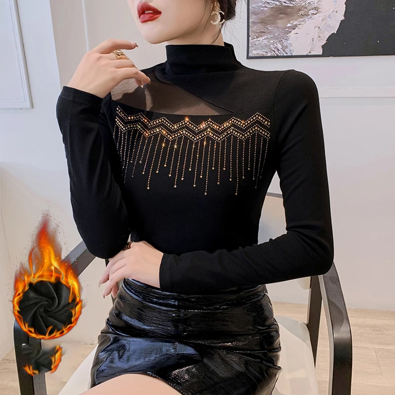 MadBlack-Women's European Fleece T-Shirt, Sexy Mock Neck Diamond, Streetwear Long Sleeve Slim M-3XL Tee, 2025 Autumn T5N104CC