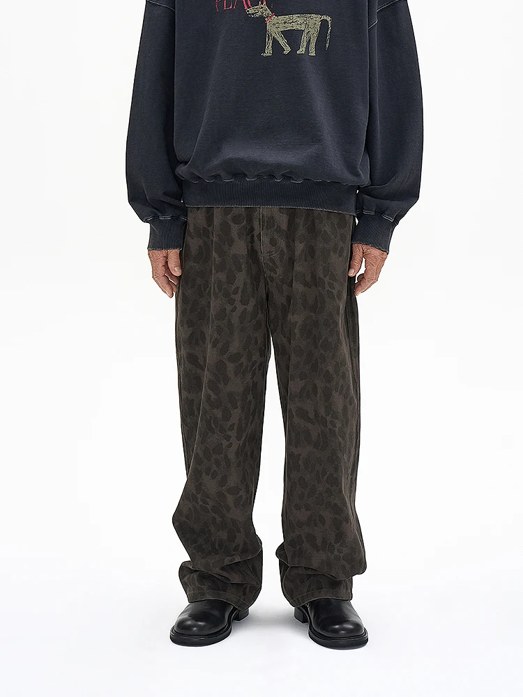 

American Retro Leopard Print Casual Pants Loose Straight Leg Long Trousers Versatile Comfortable Straight Cut Cotton Spring A...