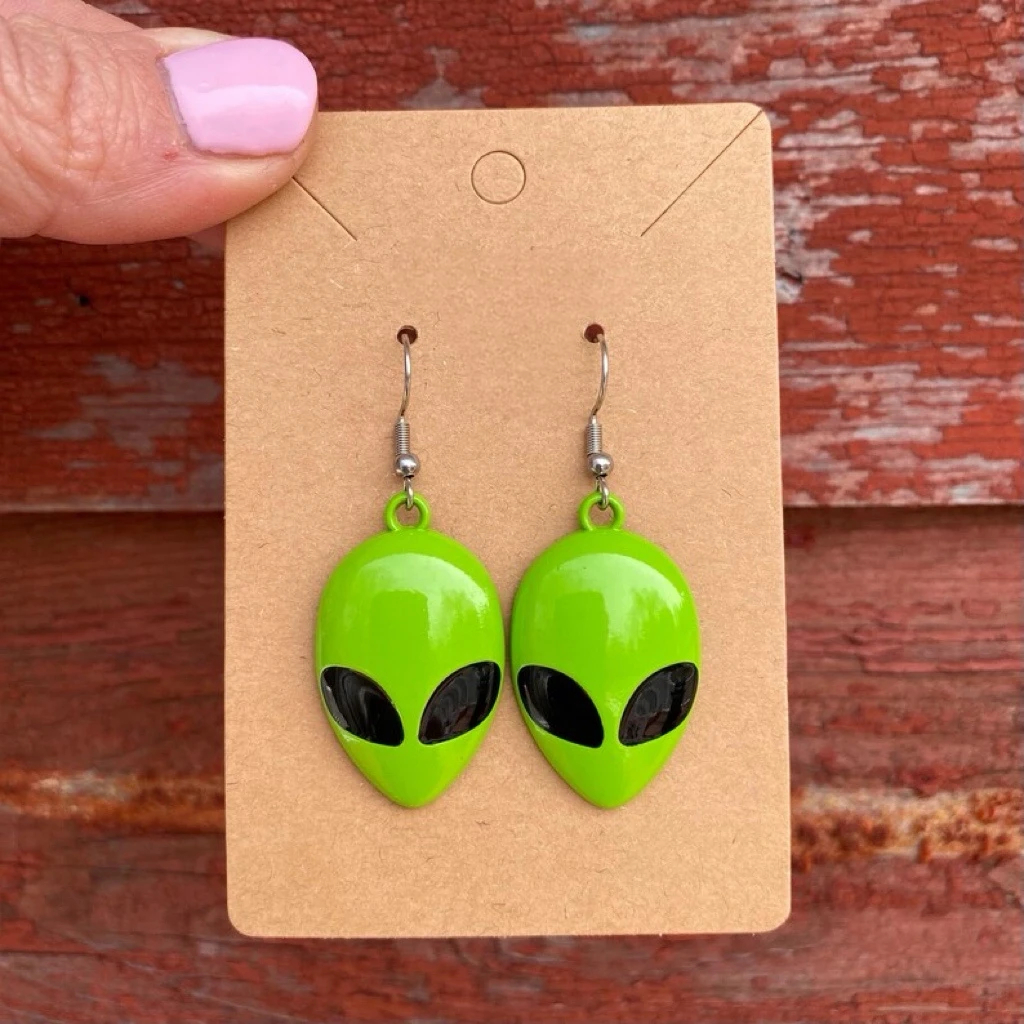 1 Pair Green Alien Head Unique Novelty Earrings
