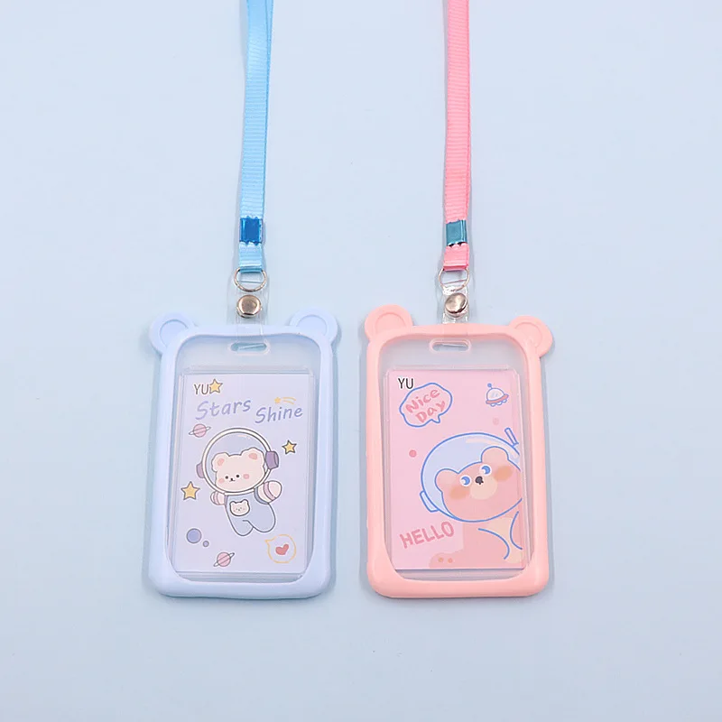 Cartoon Bear Card Holder Bank Identity Bus ID Card Sleeve Case with Retractable Reel Lanyard Plastic Silicone Credit Cover