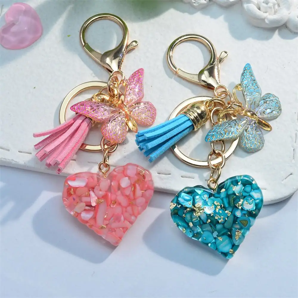 Fashion Heart Charms Keychains With Butterfly Tassel Shiny Stone Filled Resin Keyrings For Women Handbag Backpack Decor Ornament