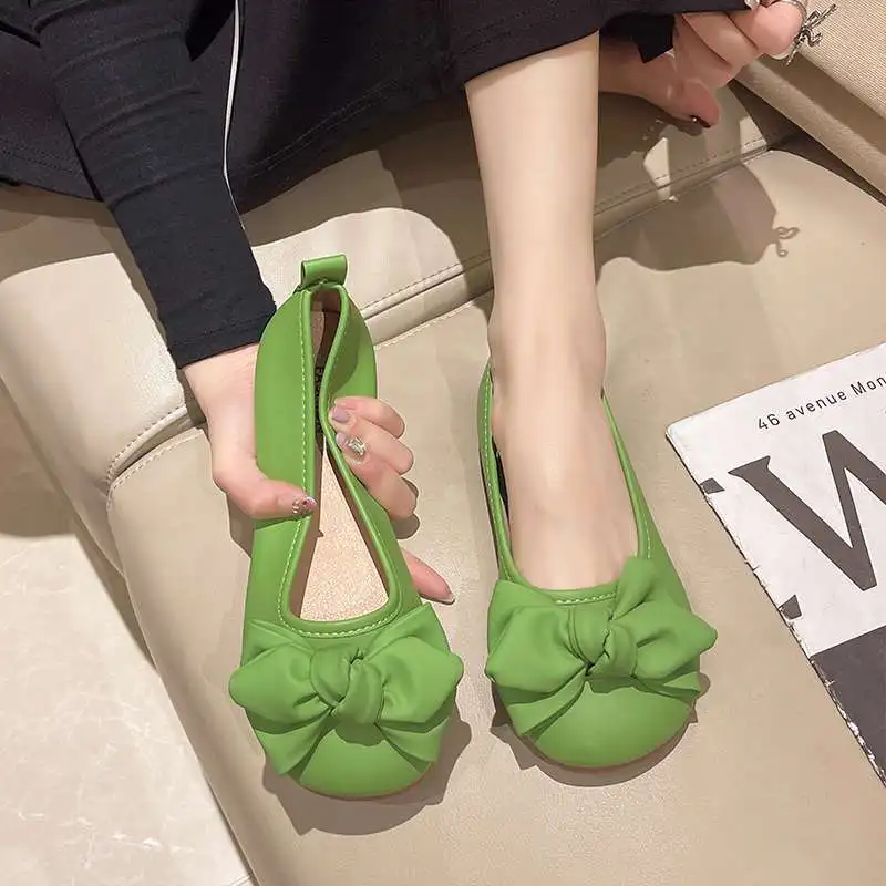 

Spring Autumn Women Flats Square Toe Low Cut with Soft Sole Leather and Bow Detail Trendy Fairy Look for Gentle Wear
