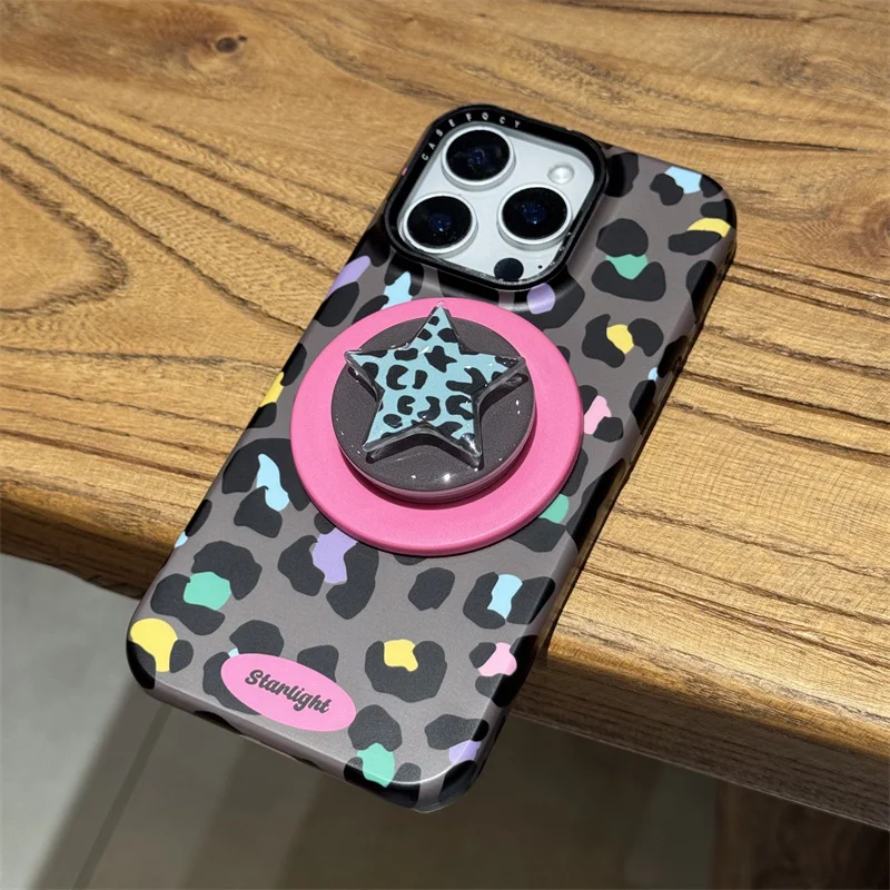 Fashion Color Leopard Print Magnetic Phone Case For iPhone 17 Pro 14 15 16 Pro Max Cover with Magsafe Star Stand Holder Cases
