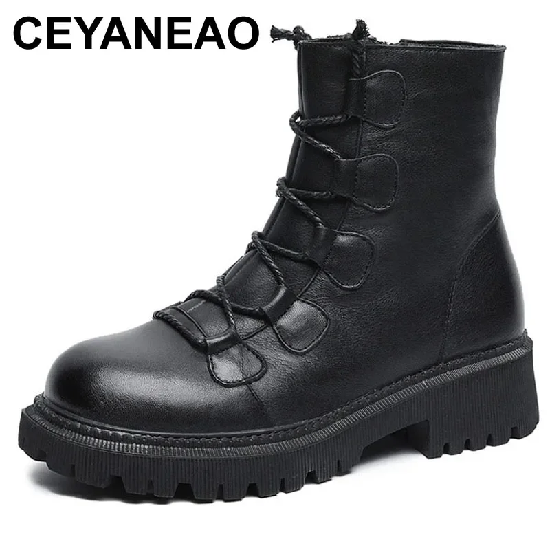 

CEYANEAOClassic Black Genuine Leather Ladies Boots Winter Warm Thick Heel Shoes Trend Platform Side Zipper Ankle Boots Female