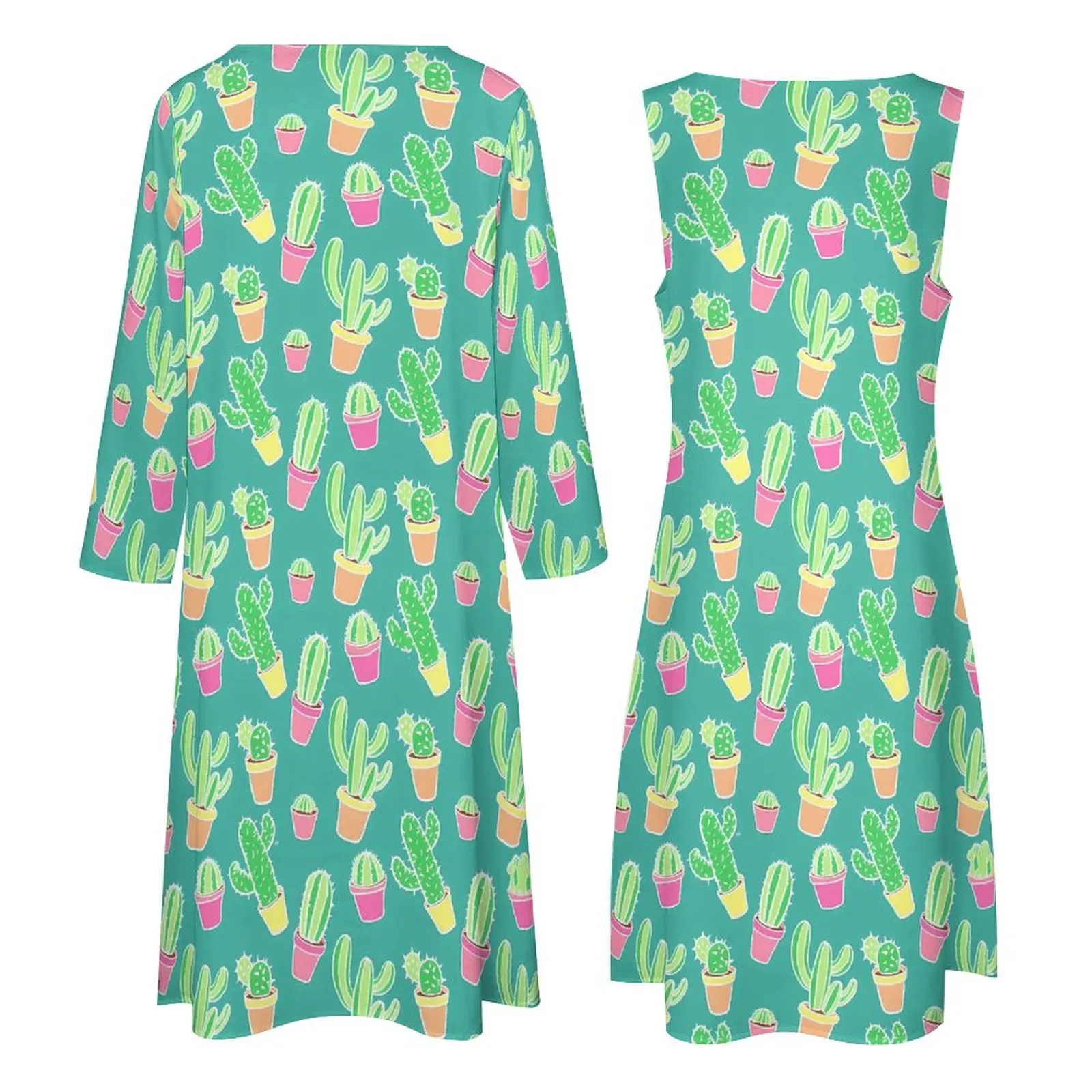 Neon Cactus Dress Spring Cute Plants Print Street Style Boho Beach Long Dresses Female Graphic Beach Maxi Dress Big Size 5XL