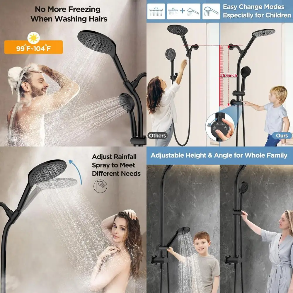 

Черный регулируемый душевой гарнитур с 3 режимами, двойной лейкой (ручной и тропический душ), и выдвижной штангой из нержавеющей стали для удобного доступа