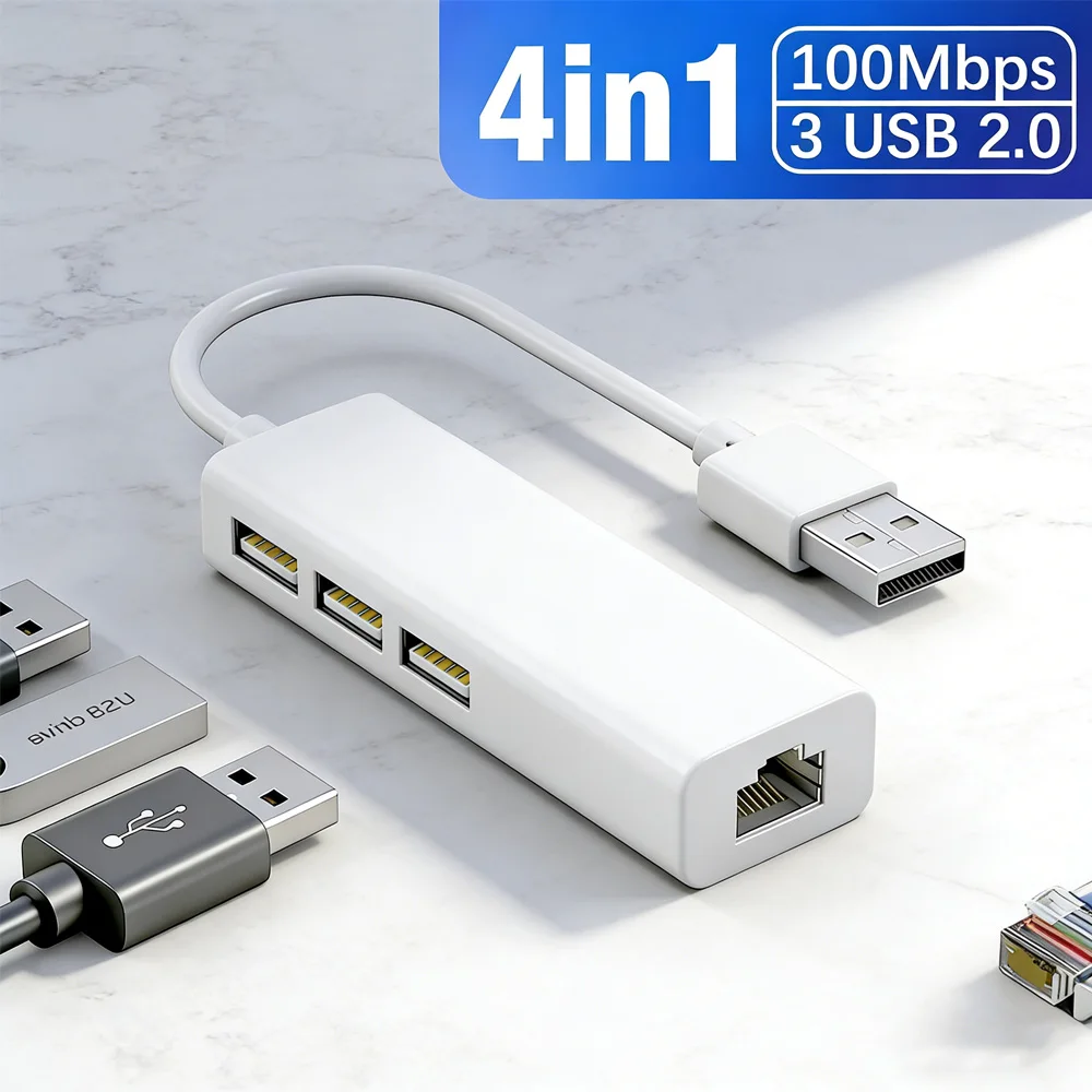 4-in-1 3-Port USB 2.0 Hub: 100Mbps Ethernet Adapter, Driverless Plug & Play for Laptop/PC/Desktop