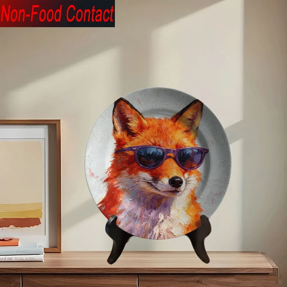 1pc Ceramic Fox with Fashion Glasses Round Decorative Plate - Elegant Non-Food Contact Table Art for home Decor, Fox Painting