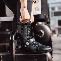 2024 Retro Men's Punk Boots Fashion Street Men Motorcycle Boots Luxury Buckle Strap Tooling Shoes Denim Mid-high Men Army Boots