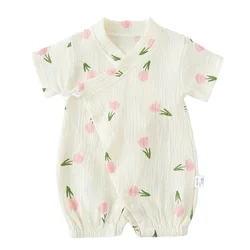 Pasgeboren Zomer Jumpsuit Baby Jongens Meisjes Clothesthin Bloemen Katoen Shorts Mouwen Laced Up Romper 0-12Month