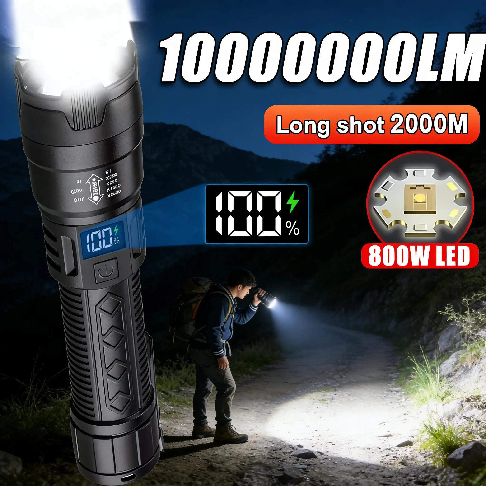 10000LM Multi-function LED Flashlight Digital Power Display 3 Speed Lighting Modes One Touch Switch Handheld Torch for Outdoor