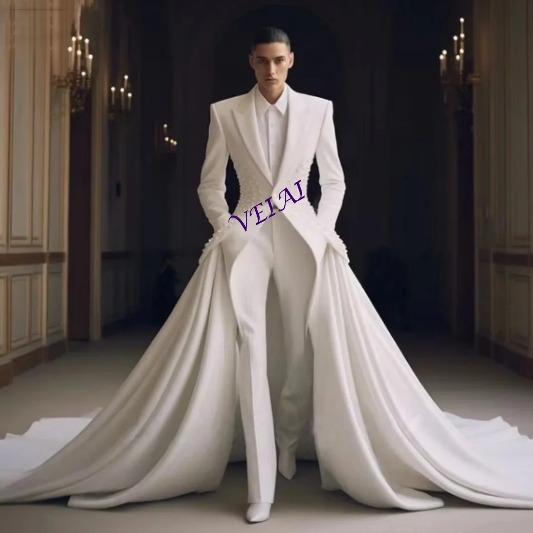 

Formal Men Suits Peak Lapel Groom Wedding Tuxedos Luxury Single Breasted Beaded Pearls with Huge Cape 2 Pieces Suit Customized