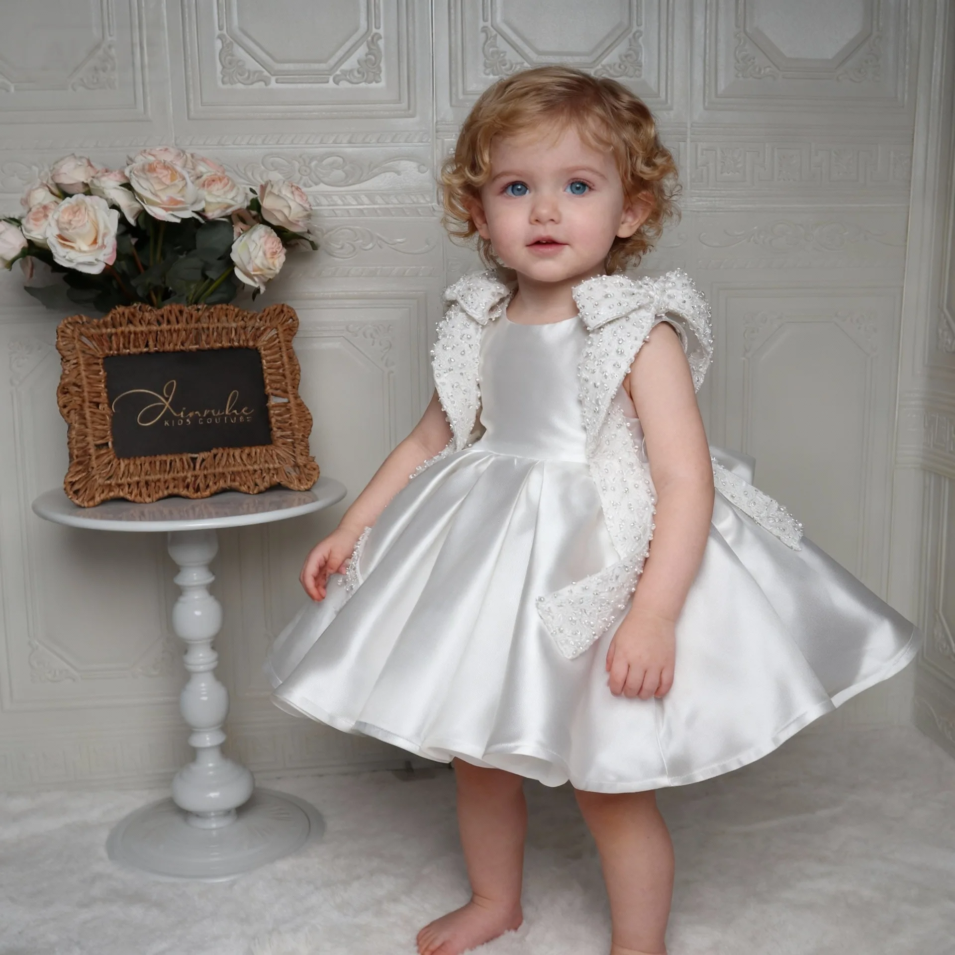 KLFLGD Toddler Baby Girl First Birthday Party Dress Satin Elegant Beauty Pageant Outfit Gorgeous Bow Prom Evening Dress