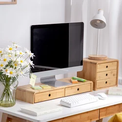 Bamboo Monitor Stand with Built-in Drawer for Office Desk Organization Home Office Storage