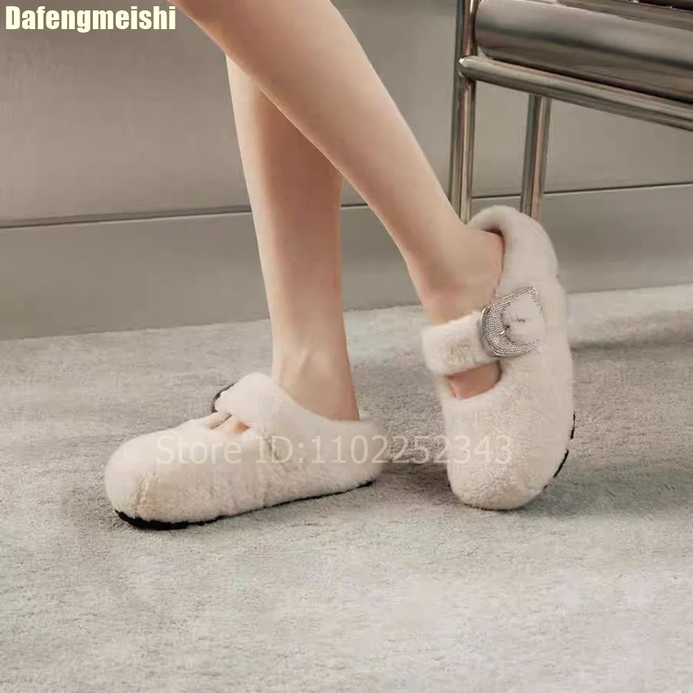 

2026 New Style Fluffy Slippers Fleece-Lined Round Toe Metal Buckle Warm Cotton Slippers Anti-Slip Rubber Sole Casual Shoes