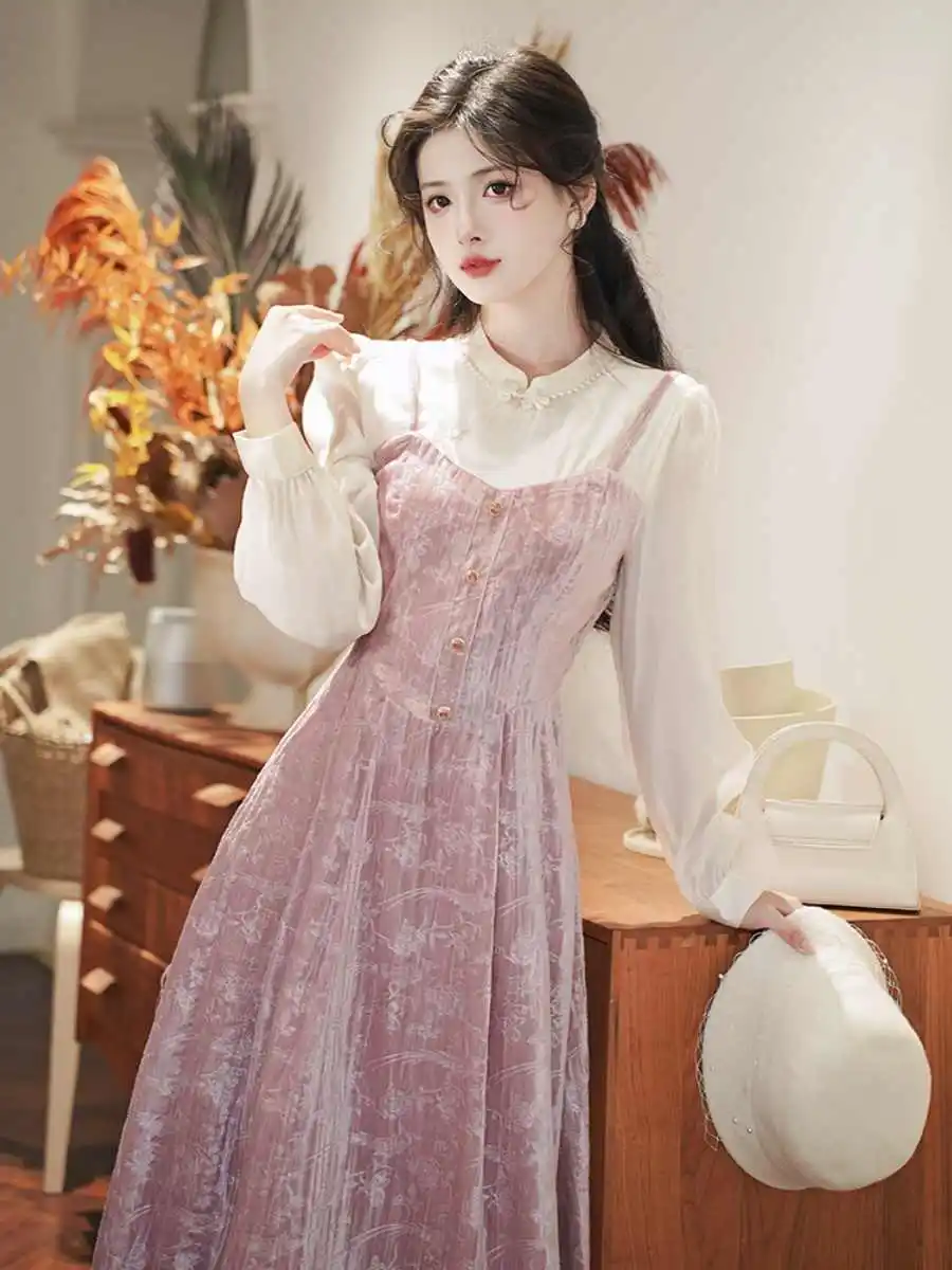 

Women's Retro French Shirt Collar Pink Velvet Suspender Dress High-end Temperament Fairy Tea Break Skirt Spring Autumn New