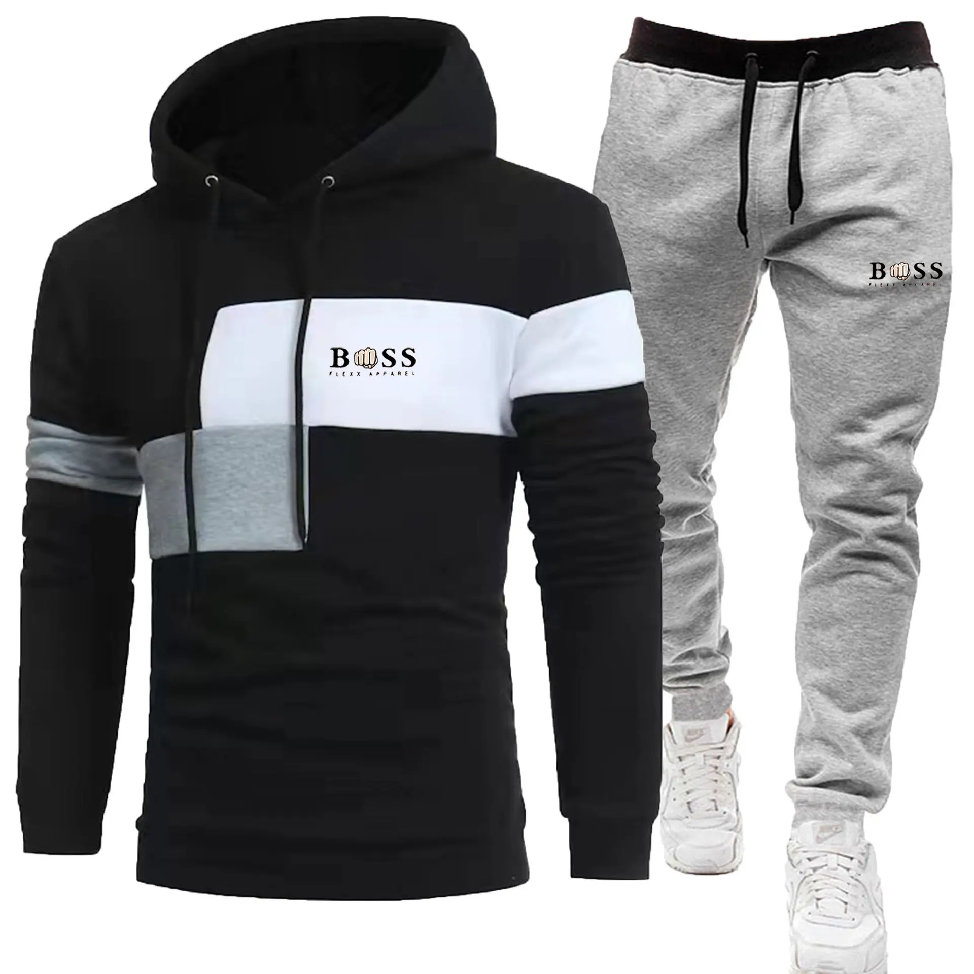 2024 Autumn/Winter New Men\'s plush patchwork hoodie set, three piece casual sports printed hoodie two-piece set