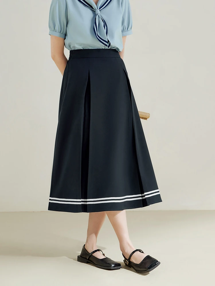 ZIQIAO Retro Navy Style Suit for Women Summer Niche High Waist A-line Skirt Slim Sailor Collar Short Top Two piece Set Female