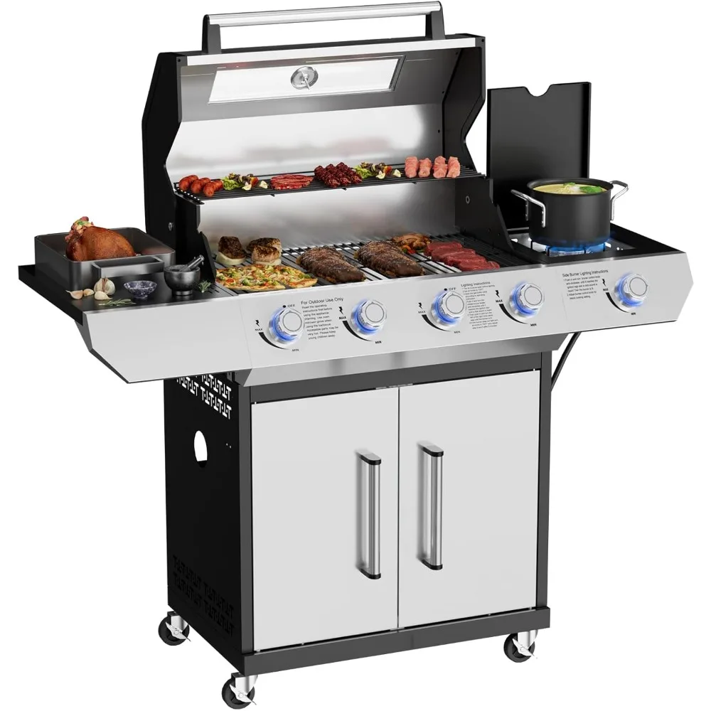 4-LED-Brenner propan-Gasgrill mit Seitenbrenner und visuellem Glas, Gasgrill aus Edelstahl mit emaillierten Gusseisengittern