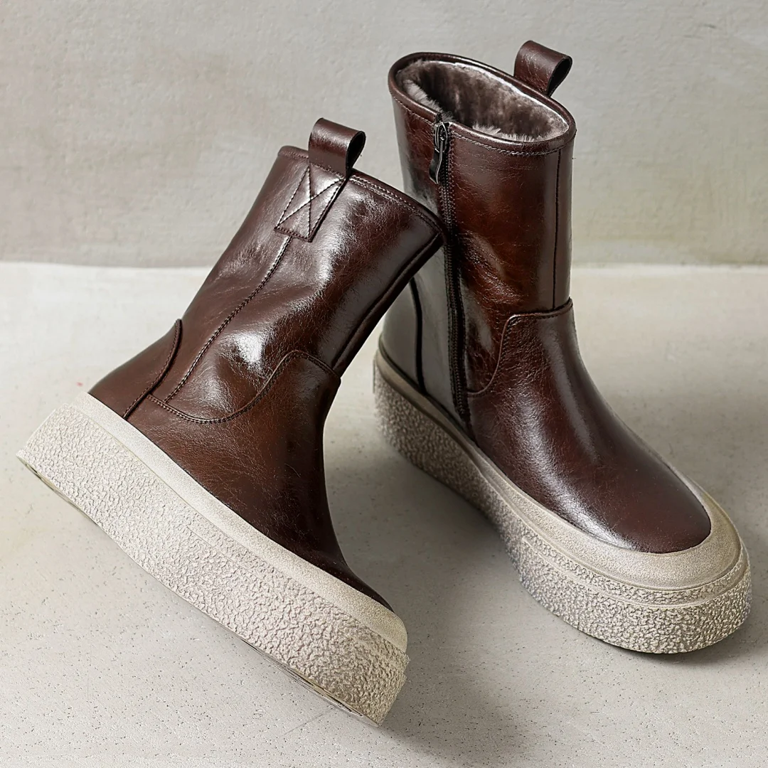 

Women's genuine leather wool inside winter ankle snow boots thick sole platform flats casual female cold weather short booties