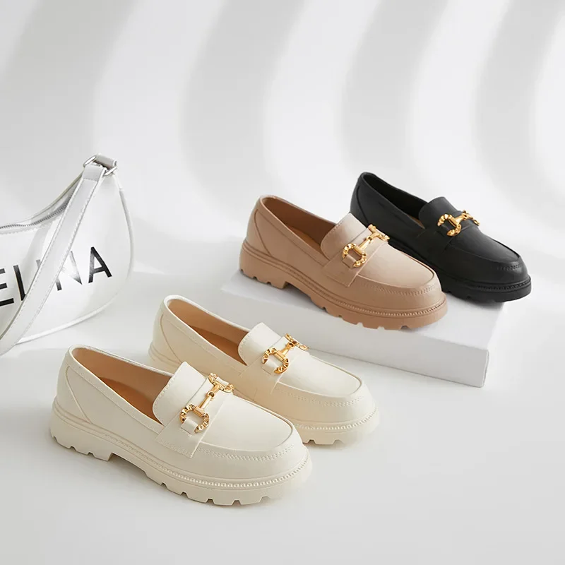 New Loafers British Style Retro Small Gold Buckle Round Head PVC One Pedal