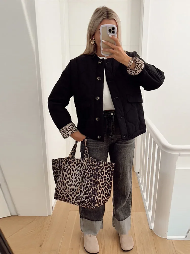 Chic Leopard Print Lining Cotton Jacket Elegant Solid Single-breasted O-neck Pocket Coat 2024 Lady Autumn Winter Quilted Outwear