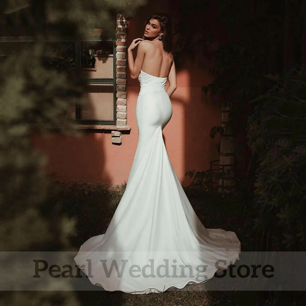 Een Woord Strapless Trouwjurk Met Geplooide Mermaid Bruid Slanke Jurken Sexy Mouwloze En Backless Bridal Huwelijk Toga