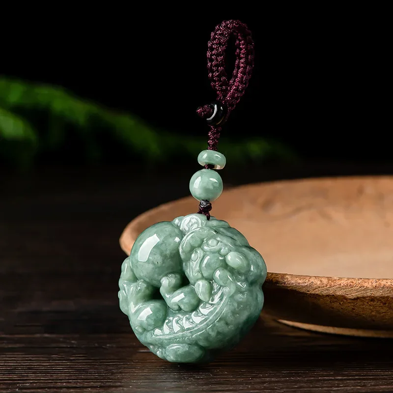 

Natural A Cargo Emerald Bean Green Handmade Carved God Beast Pendant Boutique Jewelry Men and Women Jade Necklace