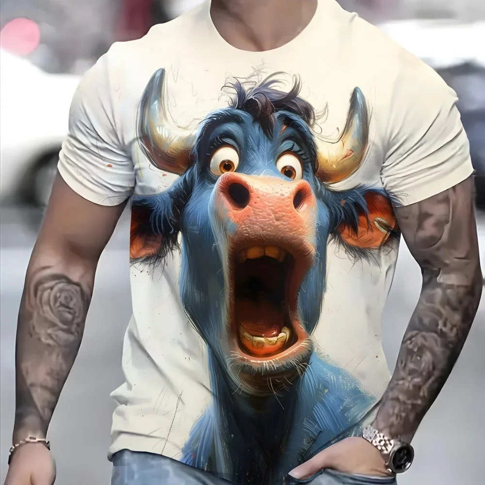 Modisches Herren-T-Shirt mit Lustigem Tiermuster, Bedrucktes Kurzarm-Bullenkampf-Oberteil, Lässiges Herren-Streetwear-T-Shirt
