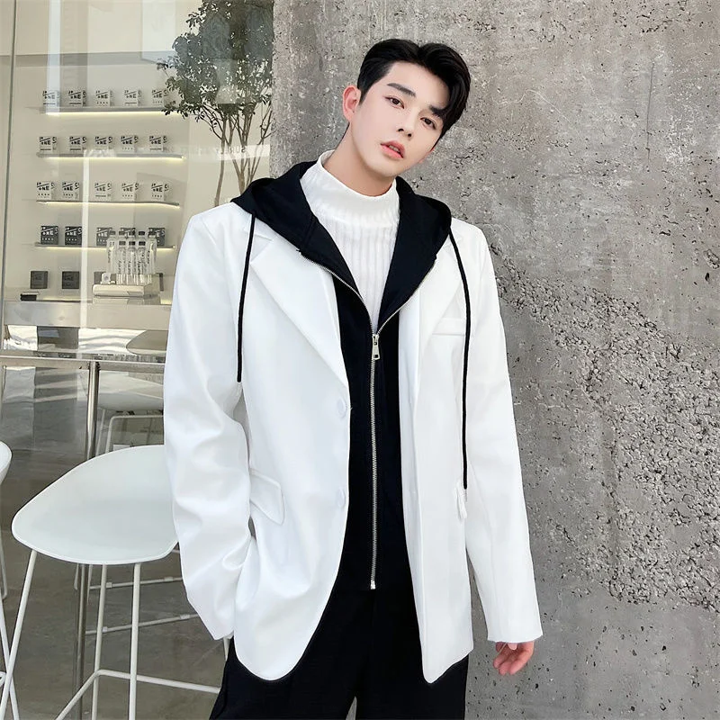 Style Korean Fashion Chic Fake Two Piece Blazer Men's New Loose Hooded Collar Long Sleeve Suit Jacket Male Tide Autumn 2022