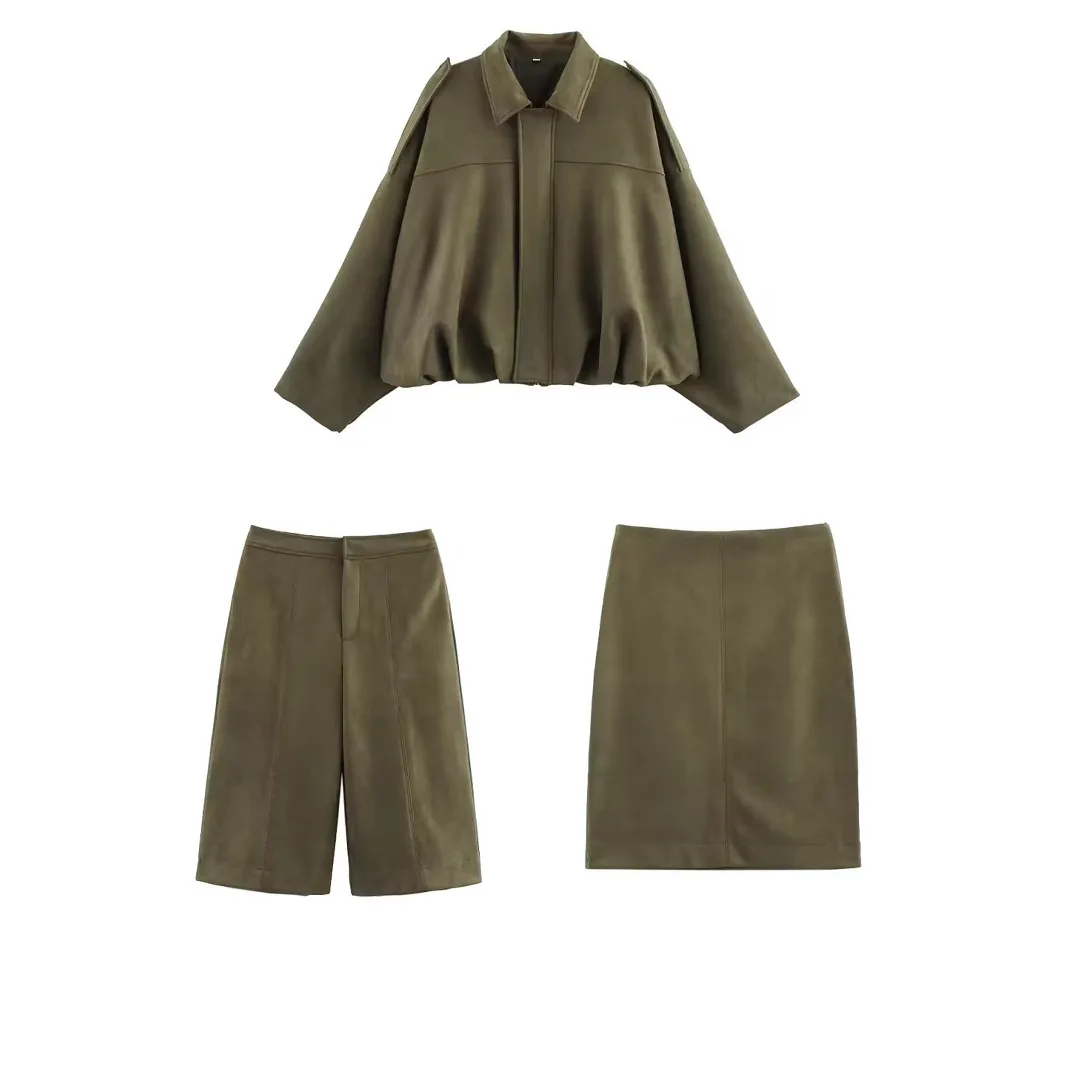Women Bomber Jackets Suede Texture Coats Fashion Turn-down Collar Long Sleeve Loose Vintage Female Outerwear Chic Top Streetwear