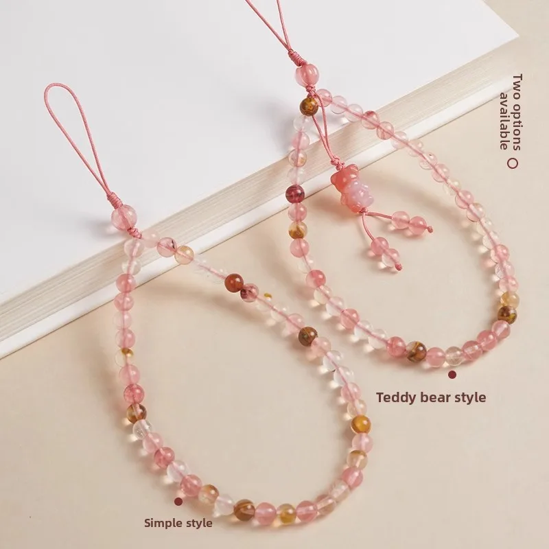 Chinese Style Lucky Pink Chalcedony Bear Wrist Phone Lanyard Beaded Phone Strap Good Fortune Blessing Auspicious Camera Pendant