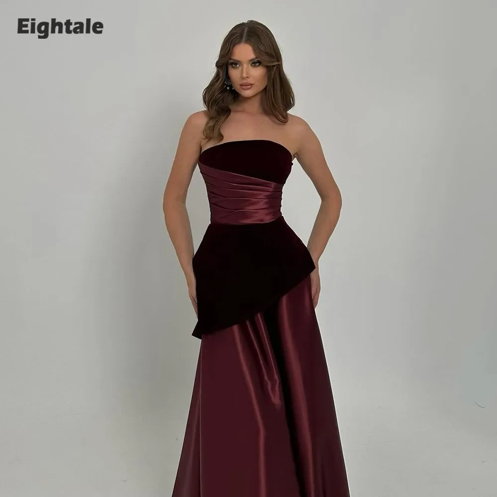 

Eightale Arabic Evening Dress Pleats Customized Prom Satin Floor Length A-Line Burgundy Wedding Party Gown Vestidos De Gala