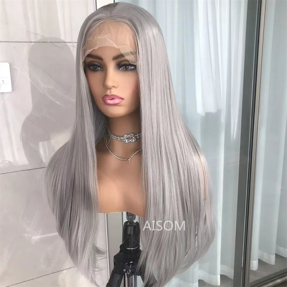 Gray Long Straight Synthetic Lace Wigs Pre Plucked Heat Resistant Highlight Blonde Lace Front Wig for Women 99J Transparent Lace