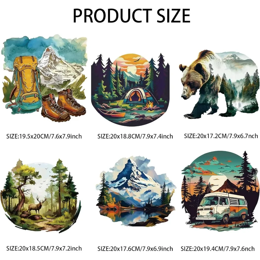 6 Sheets Adventure Iron on Decals Patches Shoes Bag Camping Car Iron on Stickers Mountain Forest Heat Transfer making kit