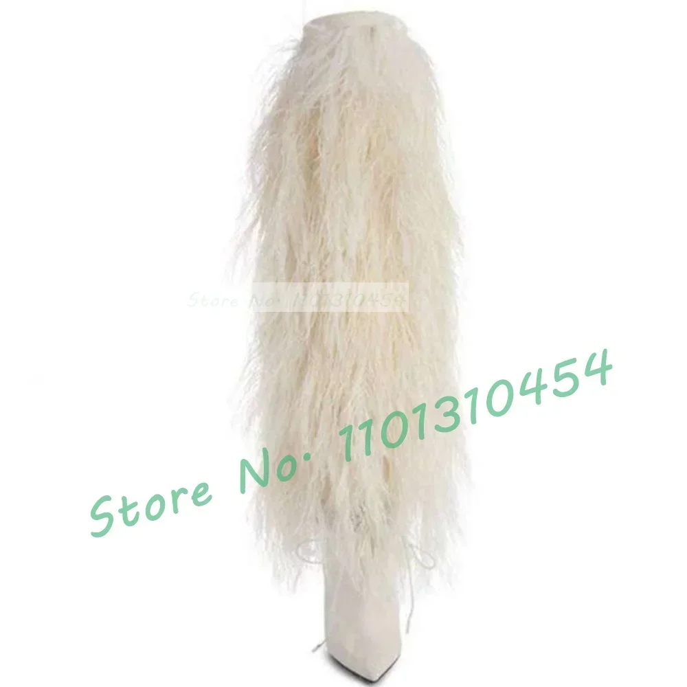 Black Fur Knee-length Boots Women Sexy Pointy Toe High Heels Furry Suede Shoes Outfit Ladies Trendy Party Warmly Winter Shoes
