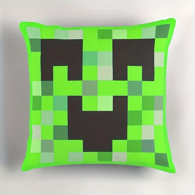 1PC Creeper-Themed Square Pillow Cover, Green & Black Pixel Art, Zipper Closure, Machine Washable, for Game Room Home Decor