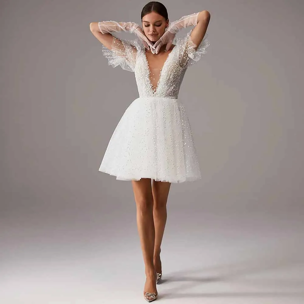 

Стильные гражданские свадебные платья из органзы с v-образным вырезом, свадебное платье цвета слоновой кости, трапециевидной формы с жемчугом и рюшами, плиссированное короткое свадебное платье Mini 2025